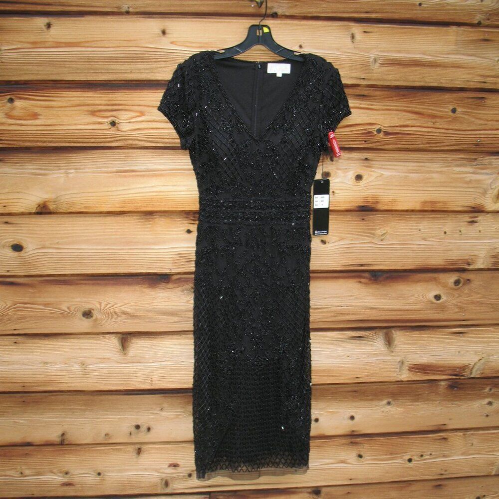 NWT LARA 29225 Black Size 4 Cap Sleeve Beaded Midi Dress - Picture 4 of 14